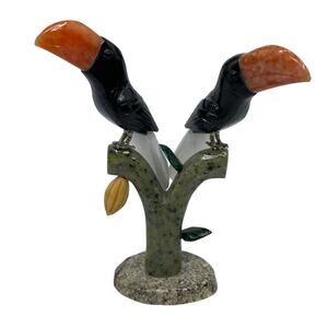 Toucan pair of birds standing on tree mixed gem stones sculpture collectible